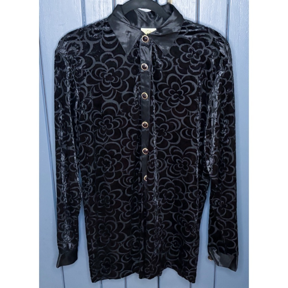 Vintage Floral Black Velvet & Sheer Shirt Blouse with Satin Trim Size XL Goth